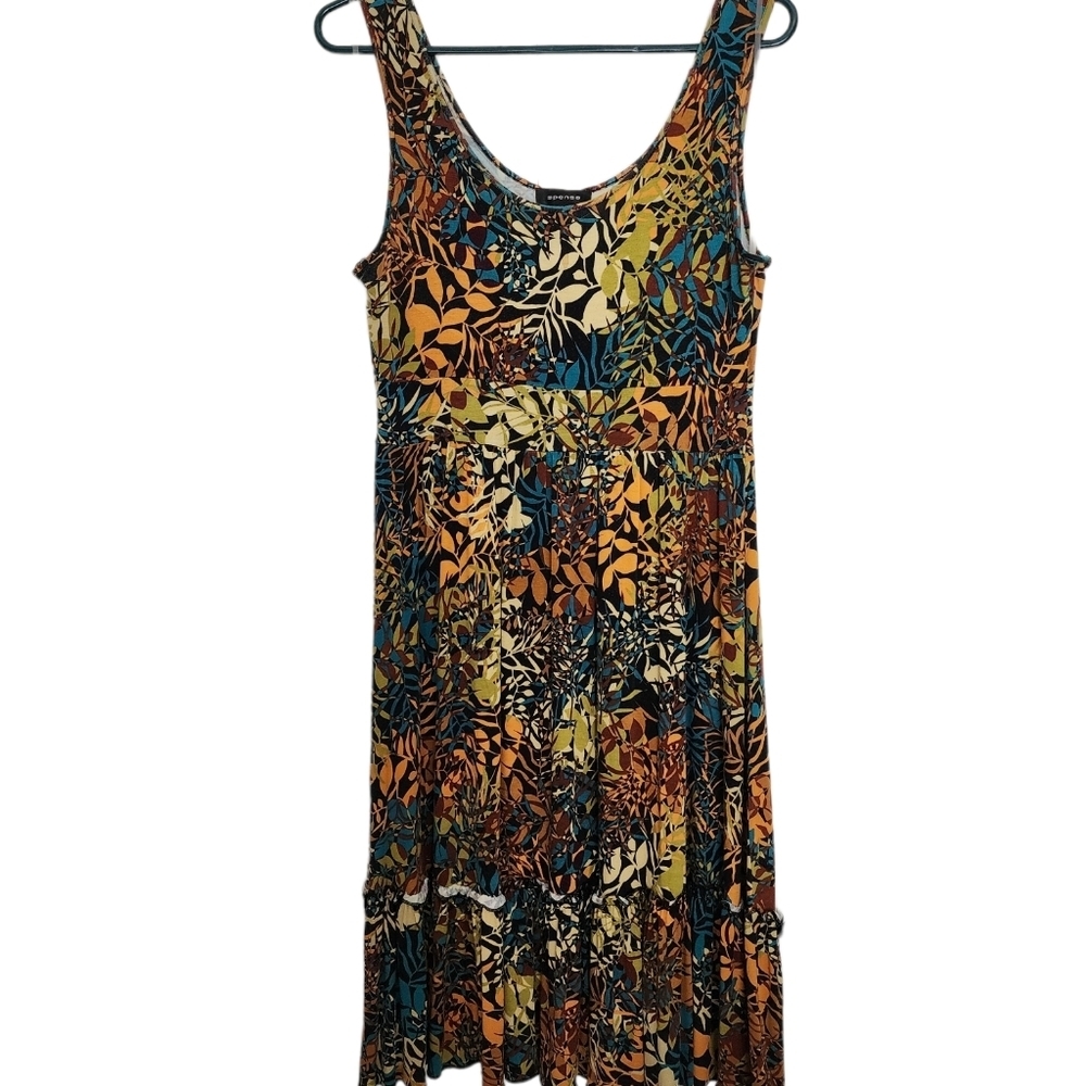 Spense black orange tan fern print sleeveless dress Ruffle Hemline SZ Small